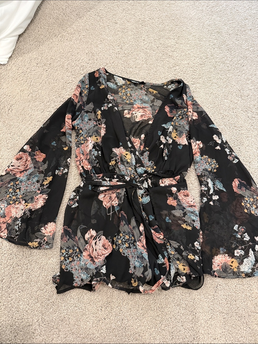 Black Floral Wrap Romper with Bell Sleeves
